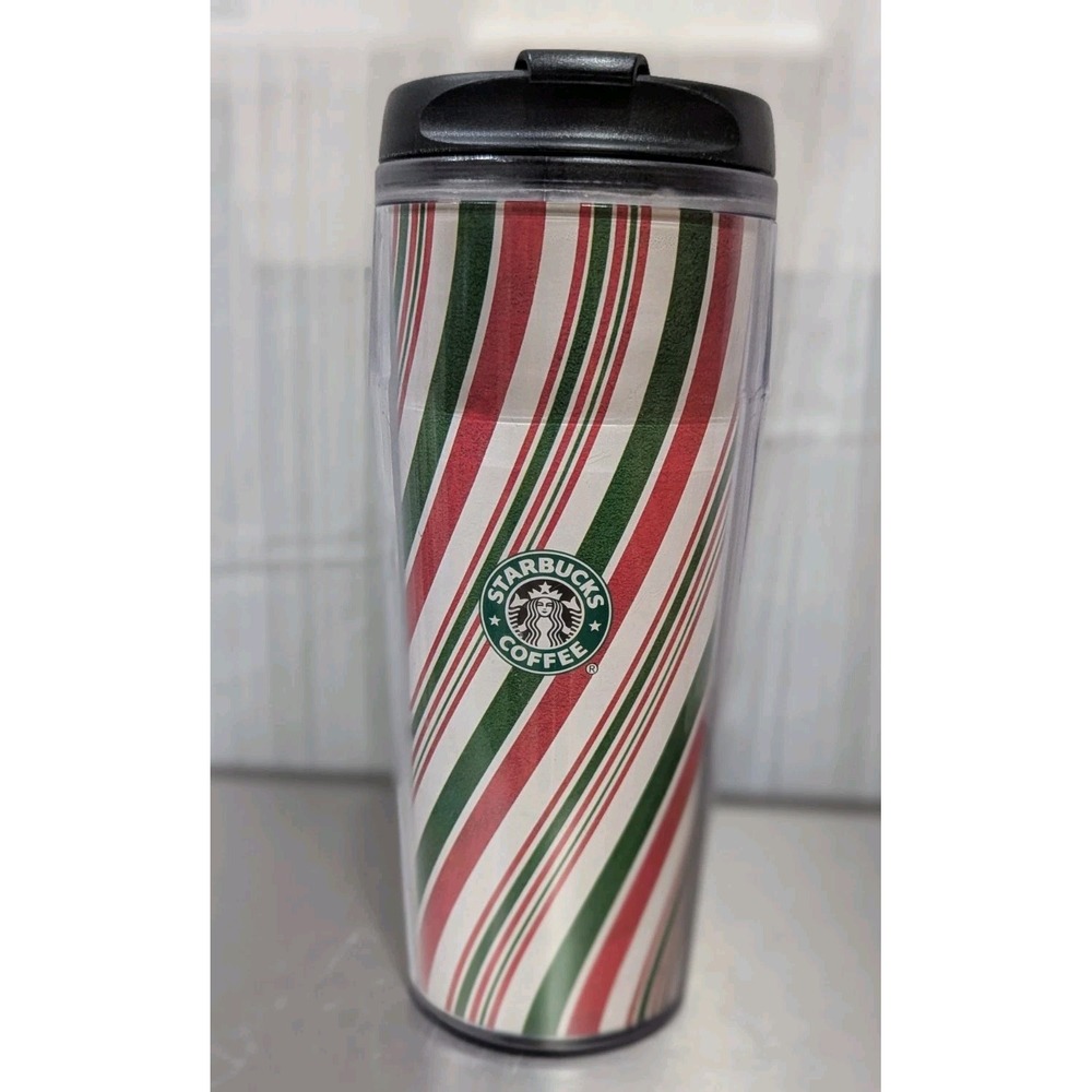 Starbucks Vintage 2002 Barista Red & Green Stripes Holiday Tumbler 16oz